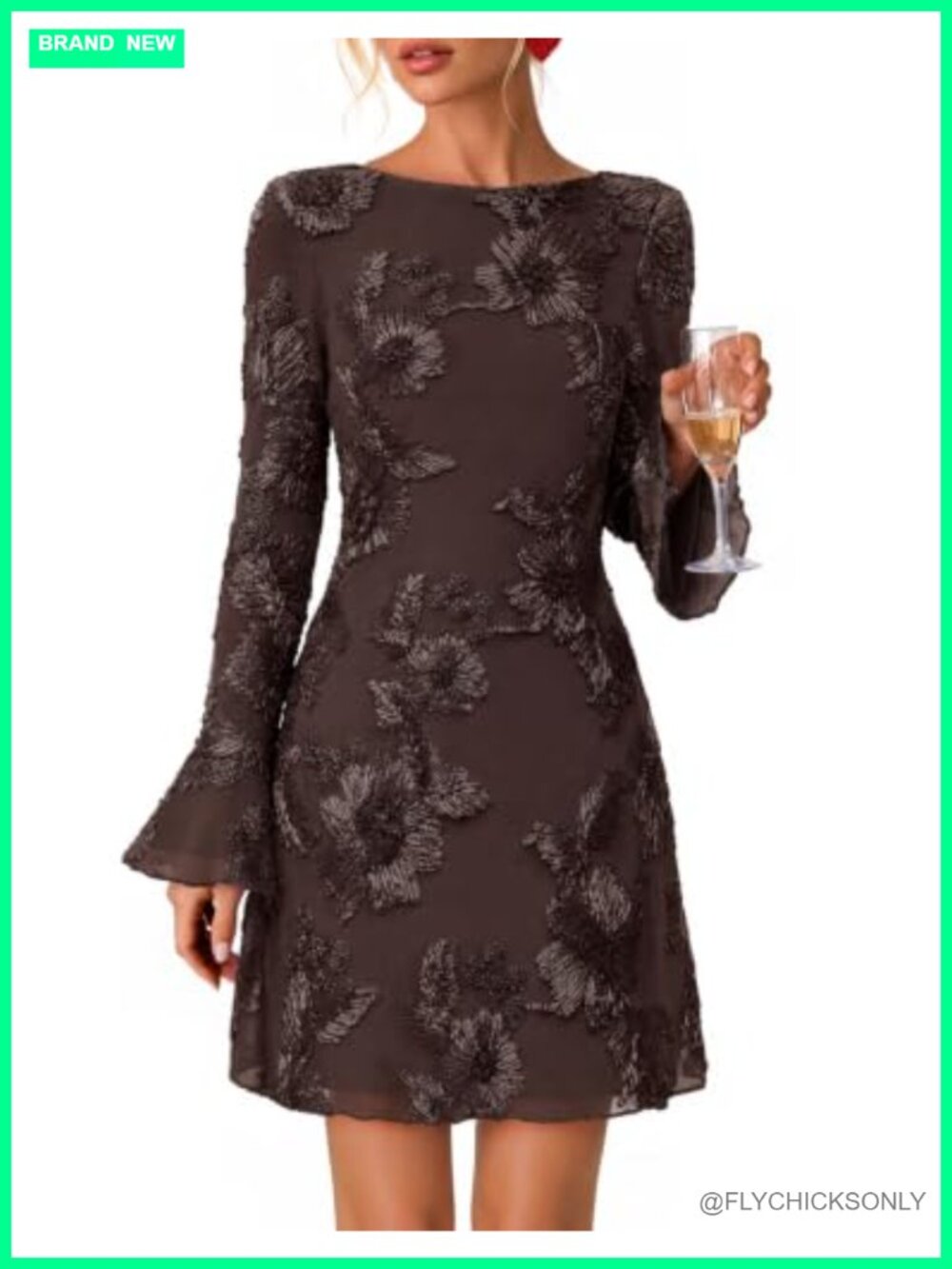 Women's Floral Embroidered Mesh Mini Dress Ruffle Long Sleeve Bodycon Cocktail
